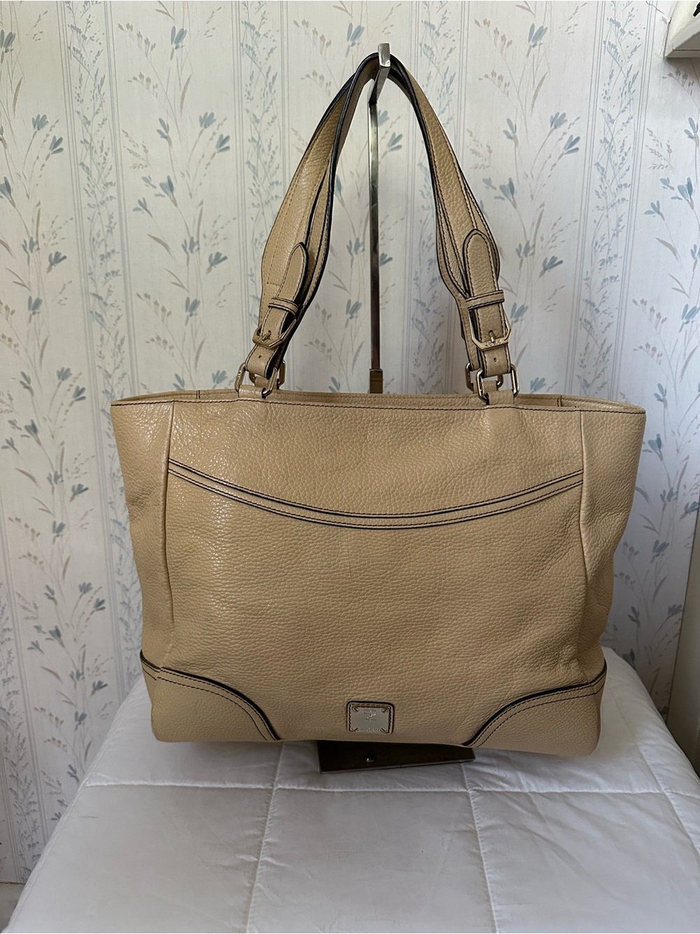 MCM Beige Pebble Leather Satchel